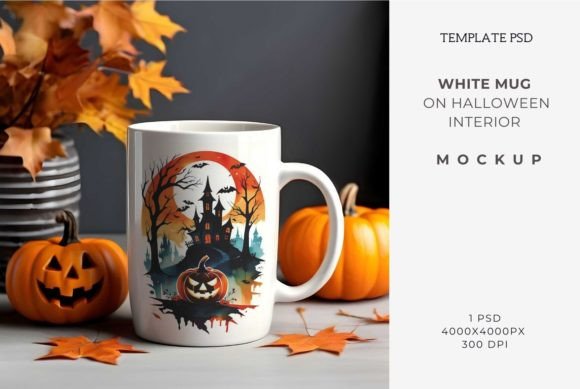 Download White Mug on Halloween Interior Mockup - Halloween interior Collection
