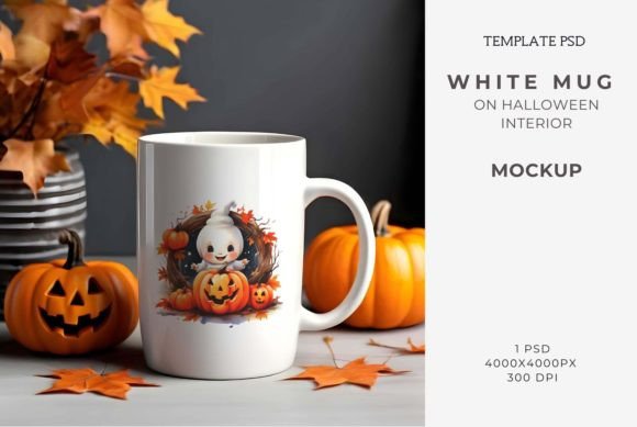 Download White Mug on Halloween Interior Mockup - Halloween interior Collection